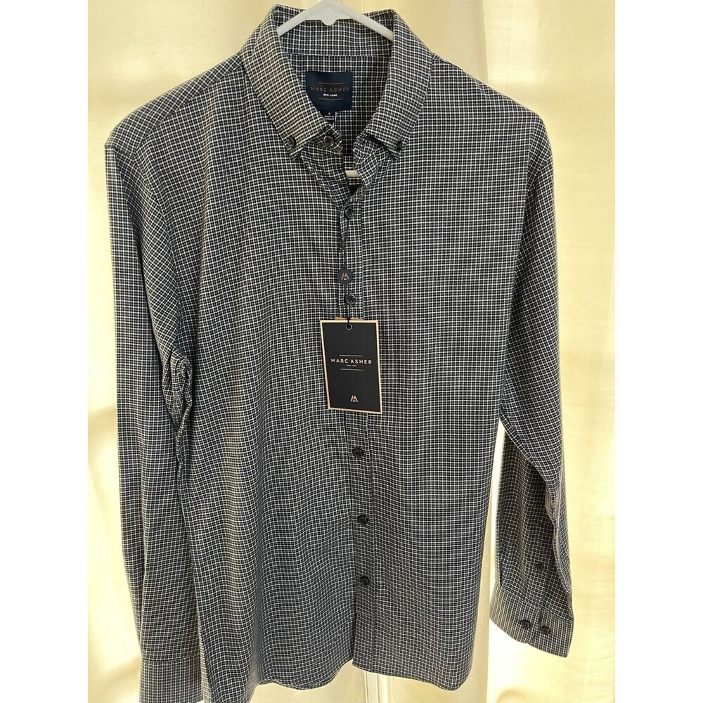 Marc Asher NY Mens Plaid Button Down Shirt Small Gray White Soft Office Luxe NWT